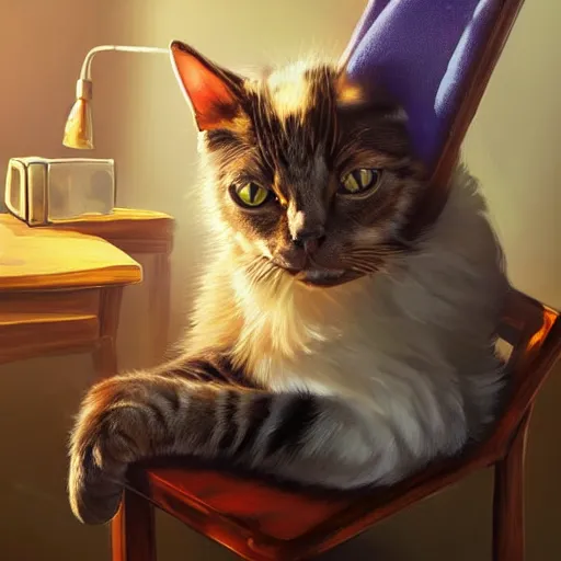 Image similar to cat sitting in a chair using a laptop, painting, by justine florentino, fantasy art, photo realistic, dynamic lighting, artstation, poster, volumetric lighting, very detailed face, 8 k, award winning