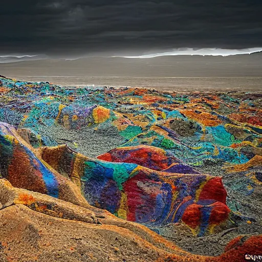 Prompt: Men's bodies are transformed into multicolored rocks eroded with dust in a landscape of dump and machines near a sea of iridiscent oil by Max Ersnt Europe after the rain II
