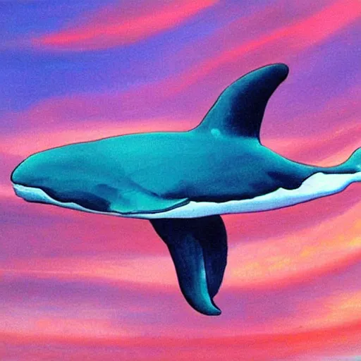 Image similar to a beautiful painting of a whale flying over Paris, Vaporwave