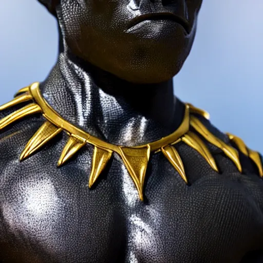 Image similar to a close up photo of a detailed golden statue of Black Panther, 8K,