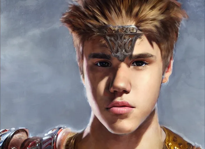Prompt: a highly detailed beautiful portrait of justin bieber as kratos, by gregory manchess, james gurney, james jean