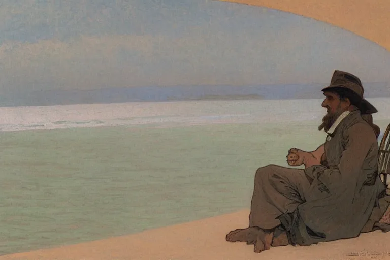 Prompt: a matte painting of a man watching the sunset by the beach, by alphonse mucha, muted colors