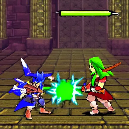 Prompt: “ a still link fighting the boss of the existential dungeon in ocarina of time ”