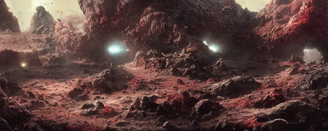 Prompt: ” asteroids made of blood and rats, [ bubbles, by wayne barlowe, cinematic, detailed, epic, widescreen, opening, establishing, mattepainting, photorealistic, realistic textures, octane render ] ”