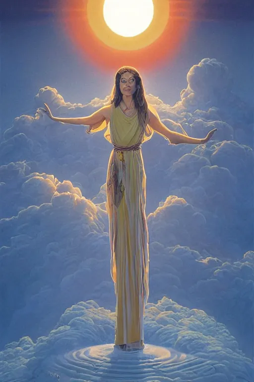 Image similar to the high Priestess of the sun god greets the day, 8k resolution digital painting by Michael Whelan, cinematic morning light