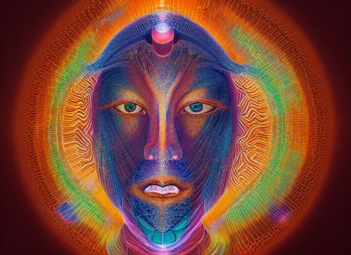 Image similar to ai transcendence into collaborative intelligence, connectedness, body, by alex grey, album cover, award winning, beautiful, colorful, volumetric lighting, trending on artstation