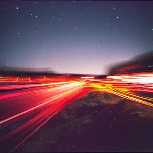 Image similar to long exposure night lansdscapes, 5 seconds shutter, Cinestill 800T