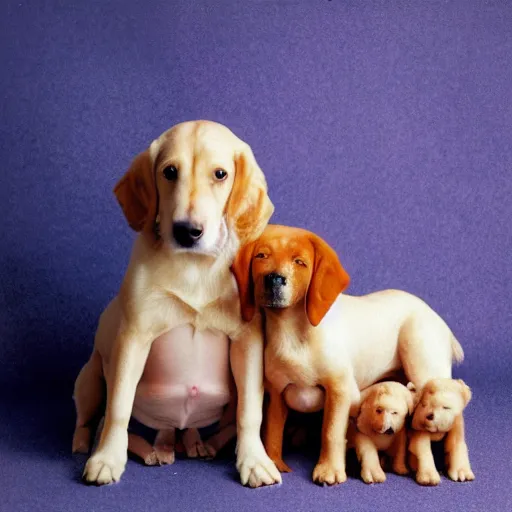 Image similar to 8 0 mm anne geddes photo of a momma dog with her newborn puppies, natural sunlight, indoors, cool colors