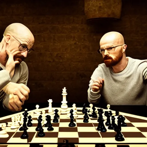 Prompt: Walter white and Jesse pinkman play chess, dark room, large fireplace 8k realistic
