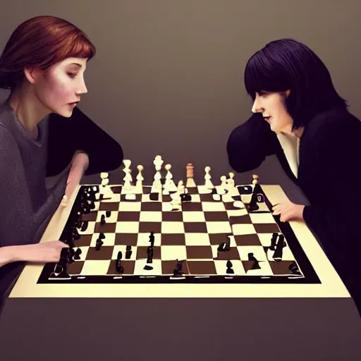 Image similar to 3 0 - year - old actress megan mccarthy playing chess against 3 0 - year - old actress nana visitor at world chess championship 1 9 8 4, digital art by ruan jia and mandy jurgens and artgerm, highly detailed, trending on artstation, award winning