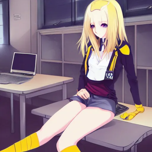Prompt: advanced digital anime art, a seductive female teen with red eyes and blonde / yellow hair that is to waist length wearing a dark grey school outfit sitting on a desk in class. drawn by Shikamimi, WLOP,rossdraws