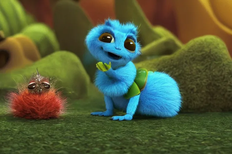 Image similar to disney pixar's a bug's life, cgi caterpillar colorful, furry caterpillar