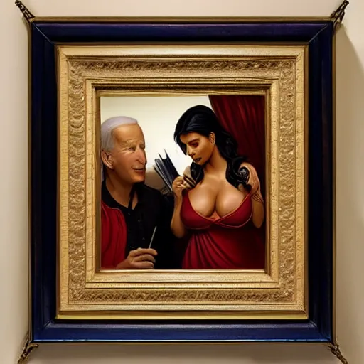 Image similar to portrait of kim kardashian reading a bedtime story to joe biden in bed, an oil painting by ross tran and thomas kincade