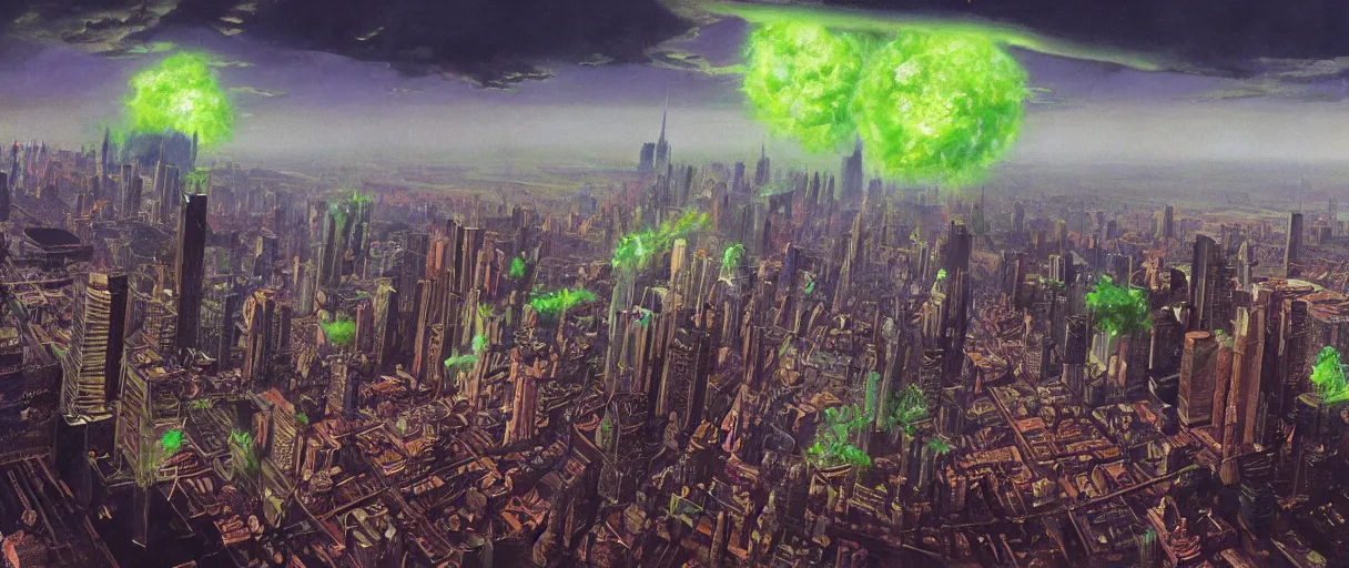 Prompt: A strange green blob from outer space devours manhatten, beautiful matte painting, Moebius, frank frazetta, sid mead, thomas kinkade, rodney mathews, trending on artstation