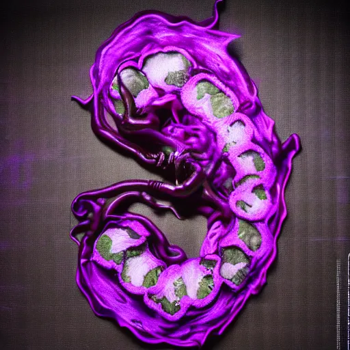 Image similar to Deep imprint flower core, our ouroborous devours it's tail by Rick Baker, black, neon purple, Hyperreal, Photographed in the Style of Annie Leibovitz, Studio Lighting