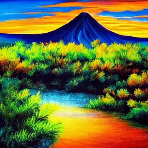 Prompt: beautiful painting of a landscape in sunset, volcano in the background