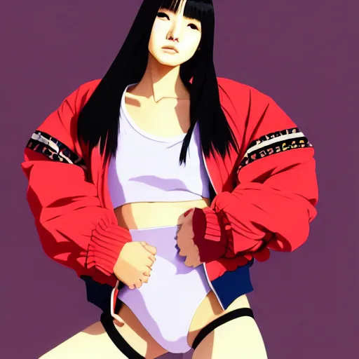 Image similar to a beautiful japanese natalie portman gravure model, wearing oversized native designer bomber jacket and leotard, bulky poofy bomber jacket with mesoamerican patterns, mesoamerican native street fashion, gapmoe yandere grimdark, trending on pixiv fanbox, painted by greg rutkowski makoto shinkai takashi takeuchi studio ghibli, akihiko yoshida