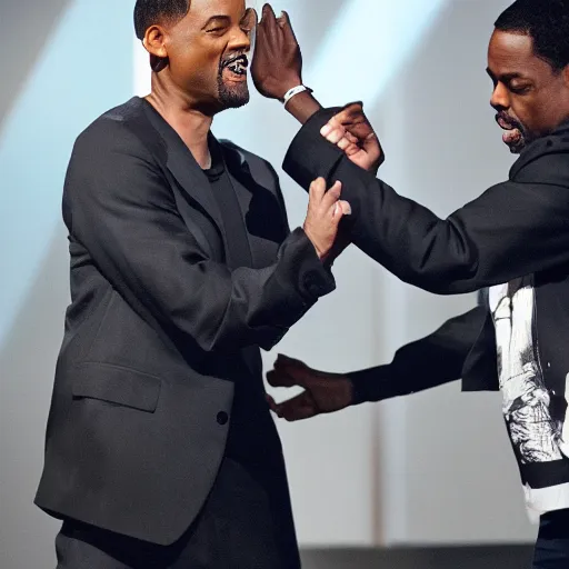 Prompt: Will Smith getting slapped by Chris Rock on a stage, 80mm, dslr photo