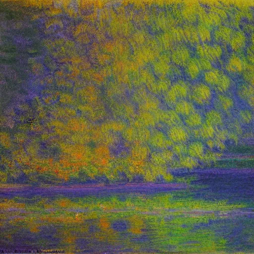 Image similar to impressionistic oil painting, monet, trees and river in the early evening, pastels
