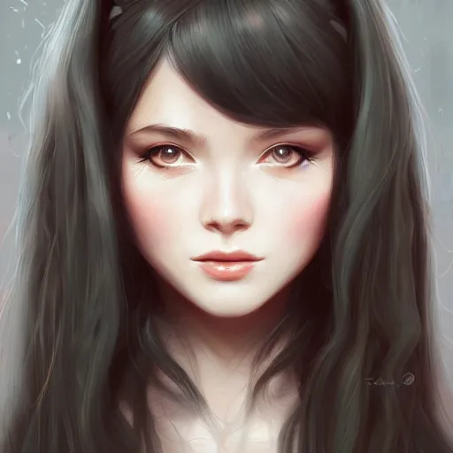 Image similar to teen girl, long black hair, gorgeous round face, brown pollover, amazing, elegant, intricate, highly detailed, digital painting, artstation, concept art, sharp focus, illustration, art by ross tran