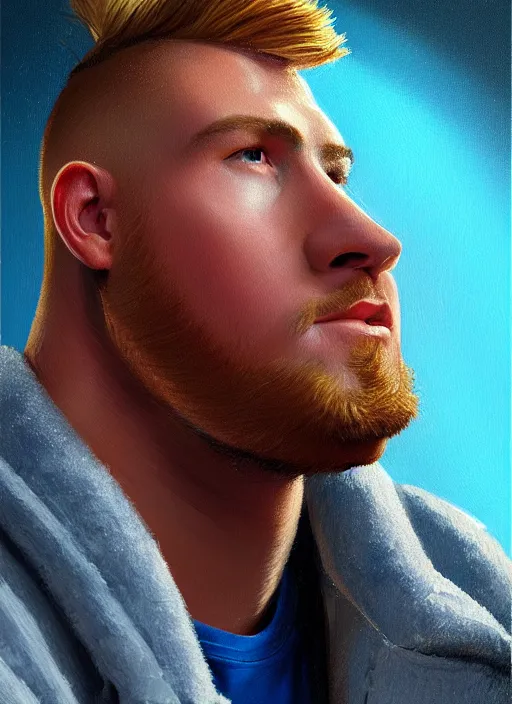 Image similar to portrait of high school senior boy named big moose, blonde short hair, jock, beefy, wide face, square jaw, square facial structure, blue varsity jacket with letter r, intricate, elegant, glowing lights, highly detailed, digital painting, artstation, concept art, sharp focus, illustration, art by wlop, mars ravelo and greg rutkowski