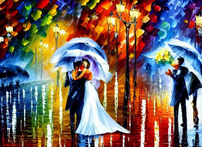 Image similar to A romantic wedding in the rain, painting by Leonid Afremov