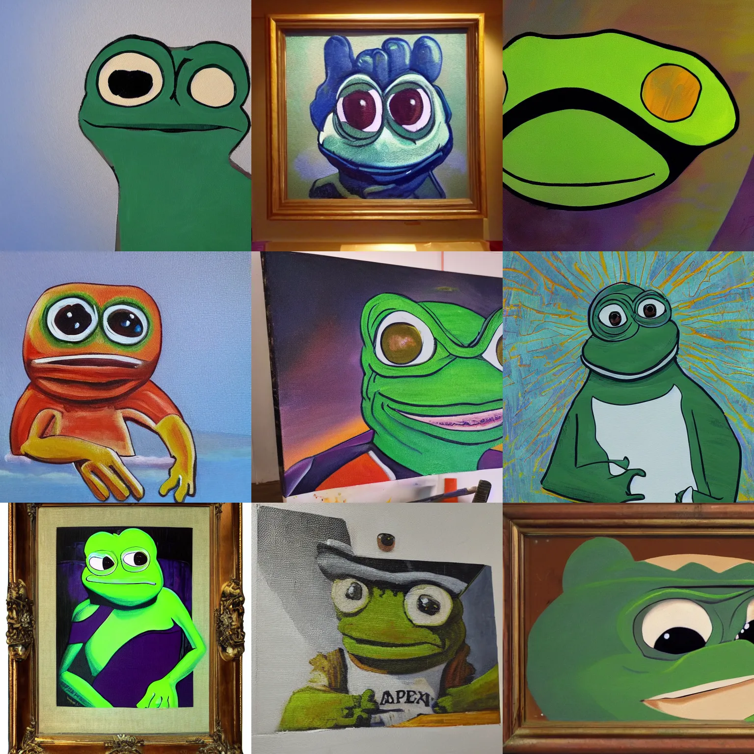 Prompt: 2 0 century fox painting of pepe the frog in the rays if light, 8 k