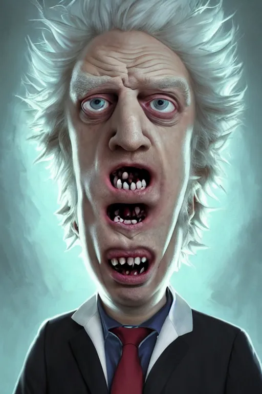 Image similar to Boris Johnson as crazy genius Rick Sanchez from Rick and Morty, unibrow, white robe, big eyes, realistic portrait, symmetrical, highly detailed, digital painting, artstation, concept art, smooth, sharp focus, illustration, cinematic lighting, art by artgerm and greg rutkowski and alphonse mucha