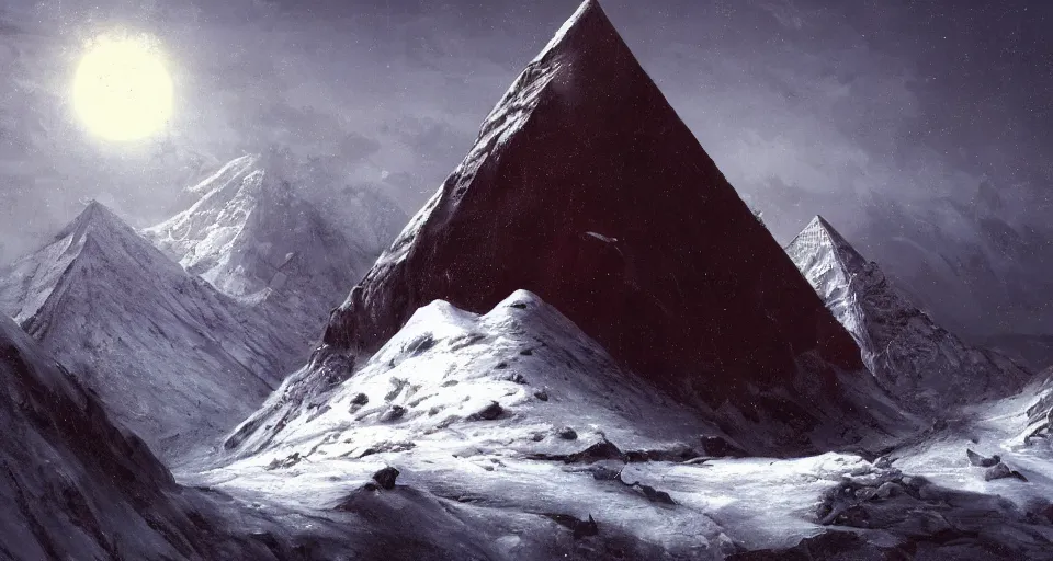 Image similar to snowy mountain, by eugene von guerard, ivan shishkin, black lovecraftian obsidian pyramid!! on a snowy mountaintop, night, red lightning!!, dramatic lighting, concept art, trending on artstation, 8 k