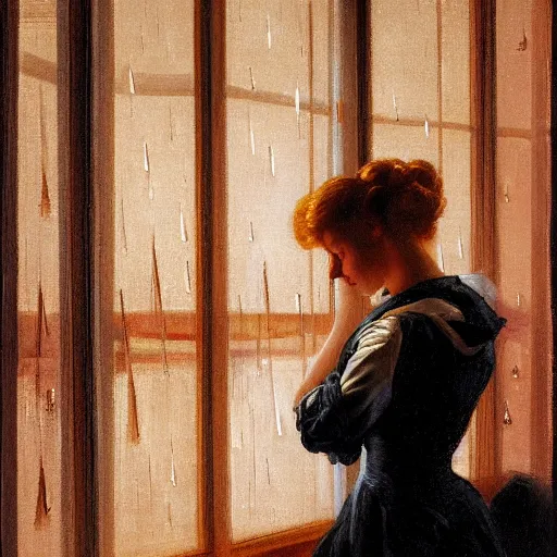 Image similar to silhouette of a woman gazing out her hotel window at the rain, extremely detailed masterpiece, oil on canvas, low-key neon lighting, verism style, artstation, by J. C. Leyendecker and Peter Paul Rubens,