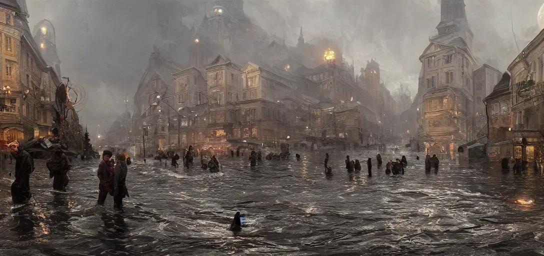 Prompt: famous photo of the flood in oslo, intricate, hyper detailed, 8k, james gurney, greg rutkowski, john howe, artstation