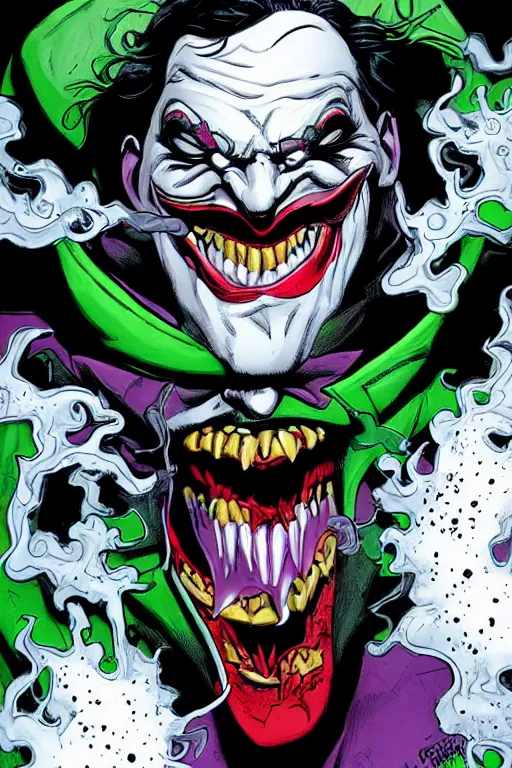 Image similar to angry joker, clenching teeth, with ghost smokes behind, illustration, jason fabok style, fantasy color scheme