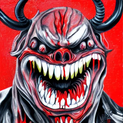 Prompt: devil smiling, scary, abomination, drip painting, red and black, vibrant colors, white background, maximalist, 8 k, highly detailed