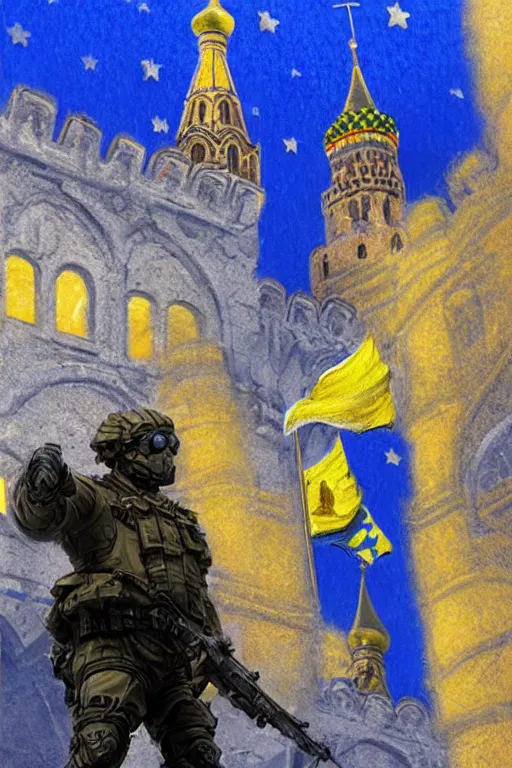 Image similar to special forces soldier raising ukrainian blue and yellow flag, kremlin st. basil cathedral in the background, masculine figure, d & d, fantasy, bright atmosphere, volumetric lights, intricate, elegant, extremely detailed, digital painting, artstation, concept art, matte, smooth, sharp focus, hyper realistic, illustration, art by artgerm and greg rutkowski and alphonse mucha