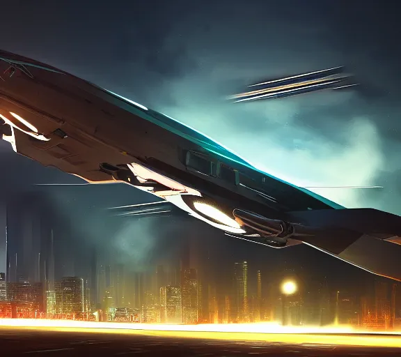 Image similar to futuristic sci fi jet lands at runway of cyberpunk city, night photo ,dark cinematic lighting , digital concept art