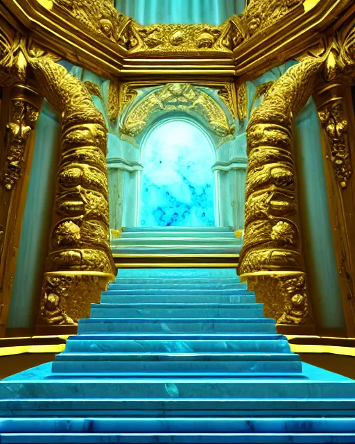 Image similar to scientifically realistic render scifi gold staircase to royal temple carved out of marble skeleton and blue gems and cyan crystal rendered in octane