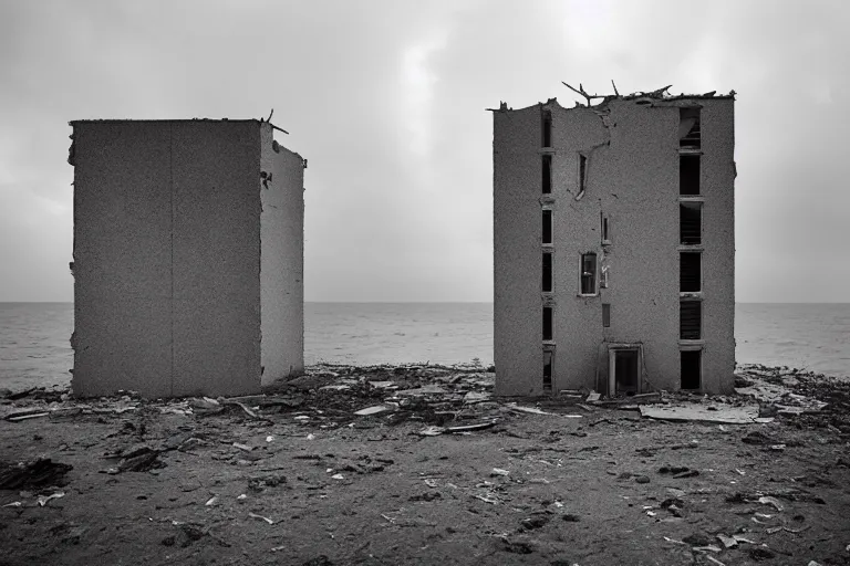 Image similar to danila tkachenko, low key lighting, an abandoned soviet apartment building in the middle of the ocean, storm, lighning storm, crashing waves, dramatic lighting