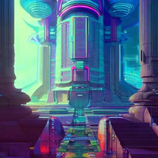 Image similar to street view of a cybernetic temple, vaporwave aesthetic, colorful, psychedelic, digital painting, artstation, concept art, smooth, sharp focus, illustration, art by artgerm and greg rutkowski and alphonse mucha