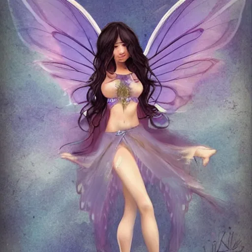 Image similar to very very very beautiful fairy princess with fairy wings, bare midriff, one foot raised off the ground, full body portrait, eye contact, smiling, flirty, perfect face, perfect body, drawn by keith garvey