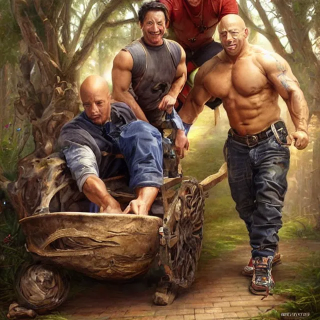 Prompt: jim varney pushing a wheel barrow with vin diesel in it, an oil painting by ross tran and thomas kincade