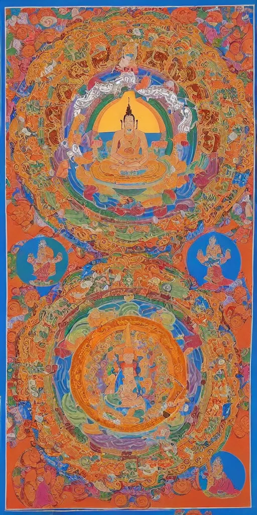 Image similar to The painting shows the Buddha Lotus in the center of a mandala. He is surrounded by a group of bodhisattvas and other figures. The whole painting is done in a bright, colorful style. by a Tibetan artist in the 13th century., Tibetan art, Thangka painting, Buddhist art.