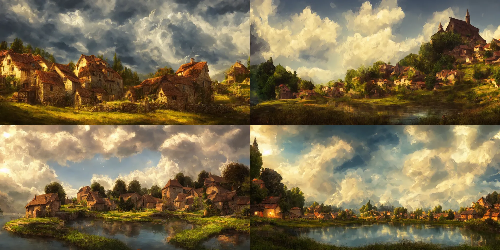 Prompt: A beautiful painting of a small medieval village near a lake, cumulus clouds, dramatic composition, cinematic, concept art, golden ratio, matte painting, Marc Simonetti, Sergey Vasnev, Anato Finnstark, artstation, 8k, high resolution