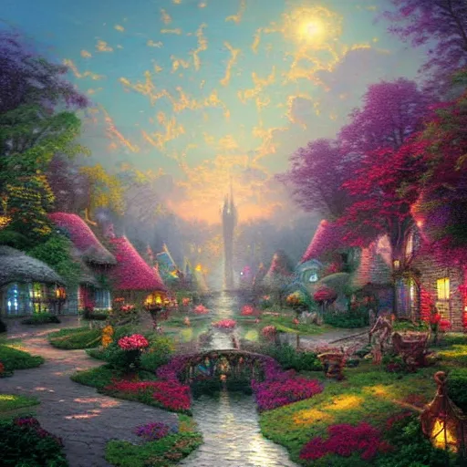 Prompt: “whimsical wonderland by Thomas Kinkade, fantasy, trending on Artstation”