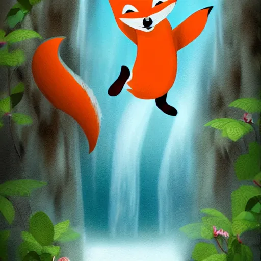 Prompt: A happy fox is jumping into a waterfall (storybook illustration for children, trending on Artstation)