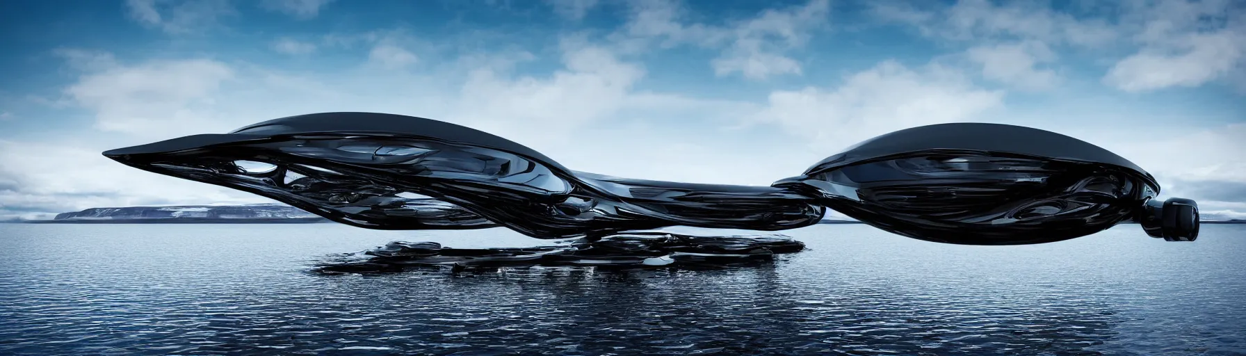 Prompt: a detailed image of a massive alien black chrome spaceship floating over a lake in Iceland, square shape, black wires and black windows, blue sky,