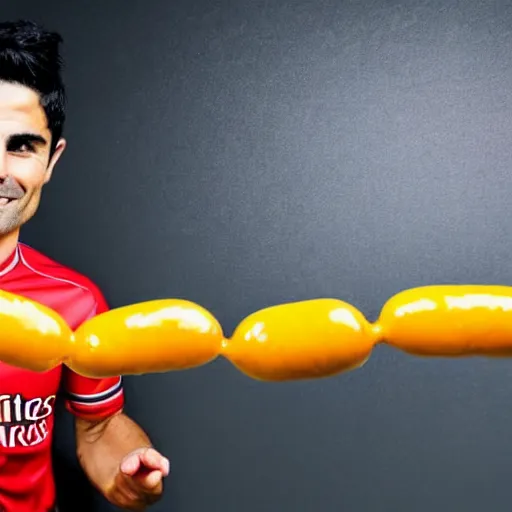 Image similar to a promo portrait of mikel arteta holding a delicious hot dog with mustard and ketchup up to the camera, happy, hyper detailed, fisheye lense, reuters