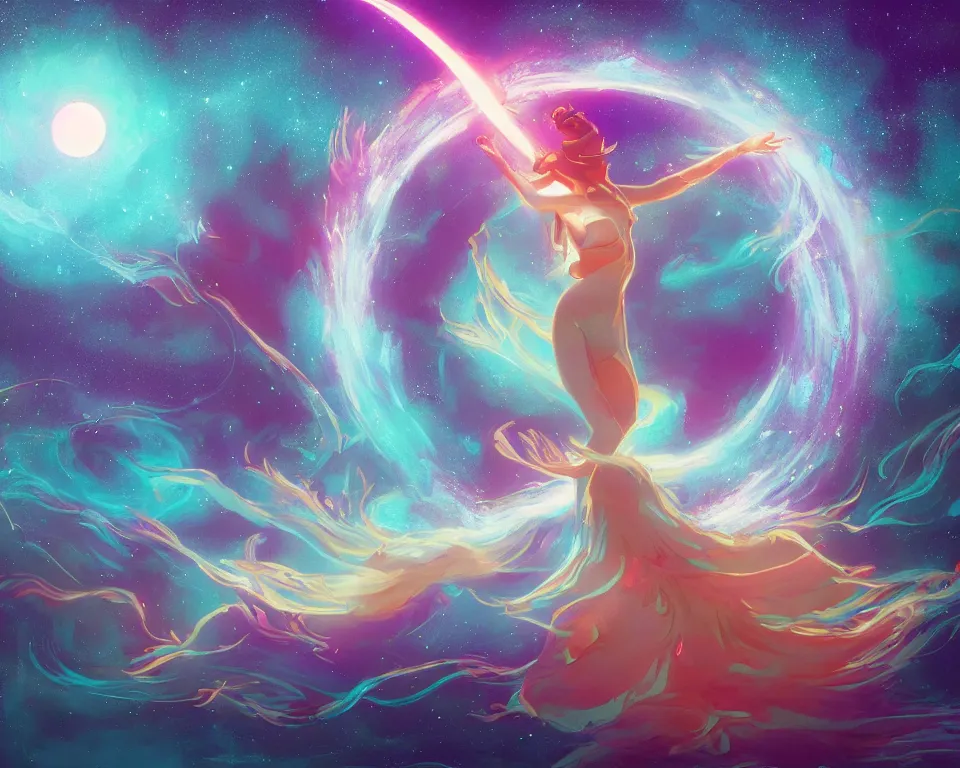 Image similar to a beautiful whimsical goddess floating above a lake basking in the moonlight, firebending, underneath a multi-colored binary blackhole with an accretion disc, glowing trails following her arms, synthwave, by Lois van Baarle, by Greg Rutkowski, by artgerm, by beeple, by studio ghibli, cinematic angle, volumetric lighting, 4k resolution, octane render, trending on artstation, masterpiece