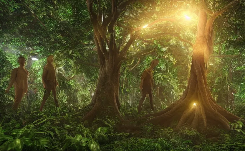 Image similar to a beautiful render of a tree with human heads as fruits in rainforest, big flashlight lighting, intricate detail, hazy, humid, volumetric lighting, god rays, 8 k, photorealistic, raytracing effects, unreal engine 5, terrorific, suspense