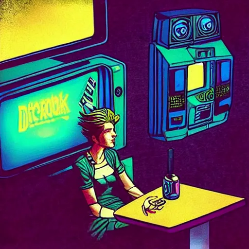 Image similar to “surreal cyberpunk comic book illustration of a punk sitting in booth smoking watching a 1970s tv with a beautiful female cyborg commander on the screen in dystopian dive bar, cybercore, fine detail”