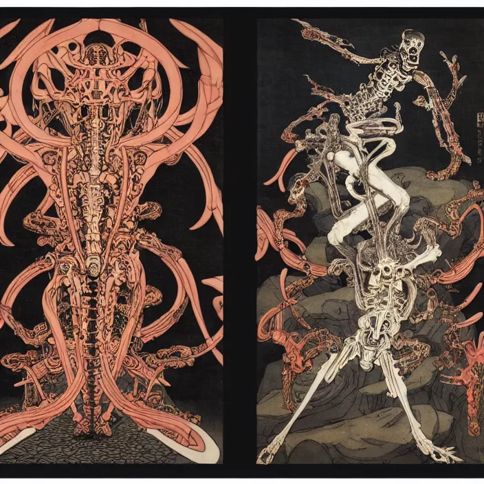 Prompt: still frame from Prometheus by Utagawa Kuniyoshi, Ossiarch Bonereaper ornate bone cyborg god powered by magic and souls exploding along by Wayne Barlowe by peter Mohrbacher by Giger, dressed by Alexander McQueen and by Neri Oxman, metal couture hate couture editorial